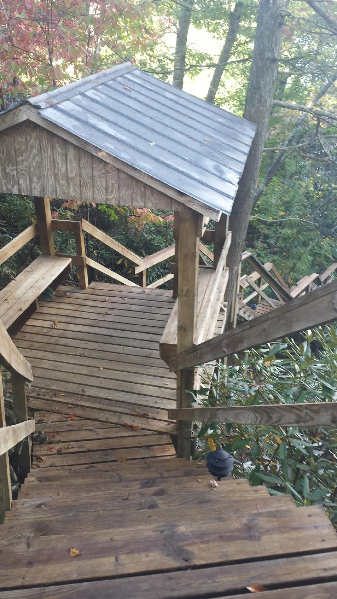 Metal roofed shelter over wooden steps on a wooded walkway — Skylight Repair & Installation work by our crew in Cambria